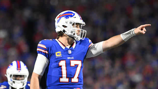 Buffalo Bills quarterback Josh Allen on the field vs. the Buccaneers on Thursday Night Football
